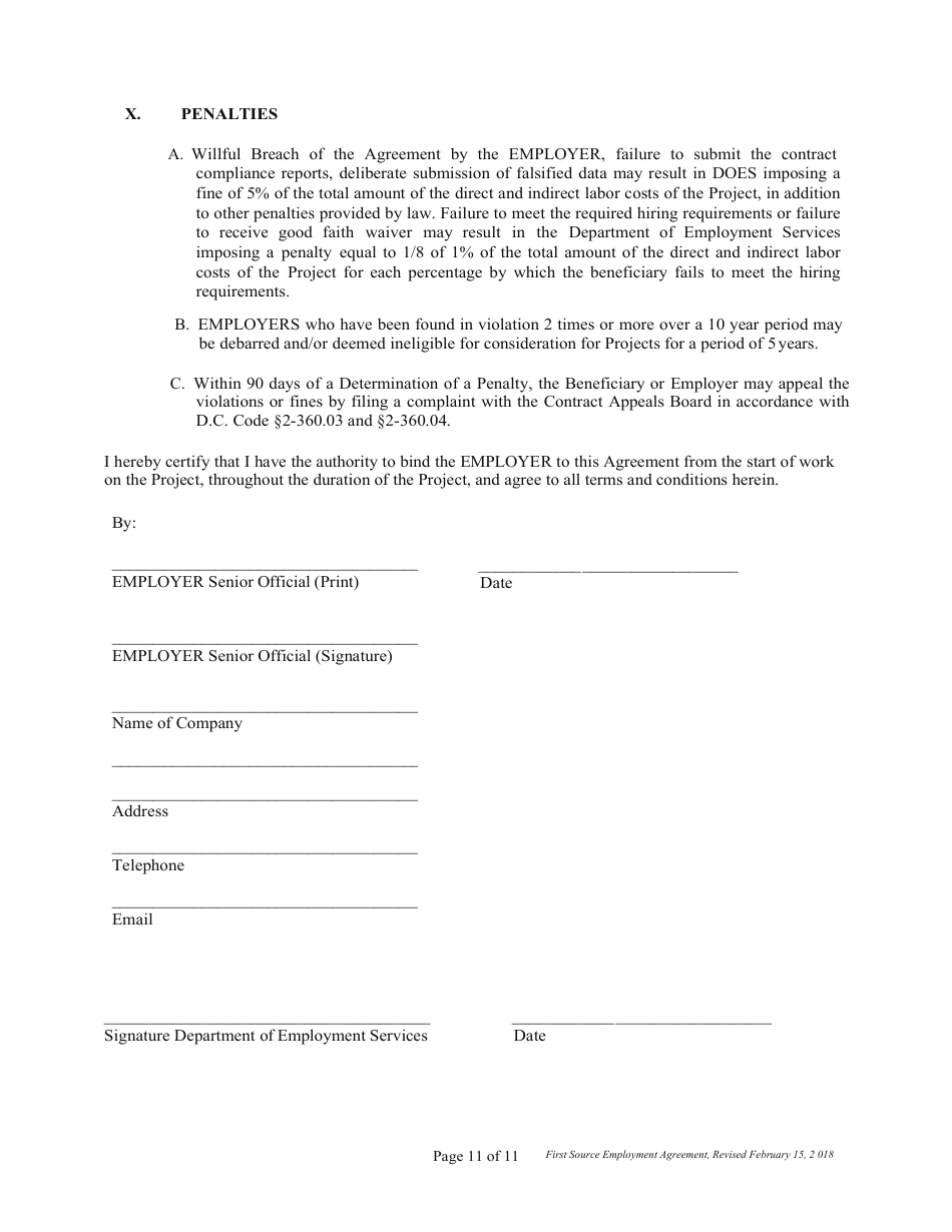 First Source Employment Agreement (2) for Construction Projects Only - Washington, D.C., Page 11
