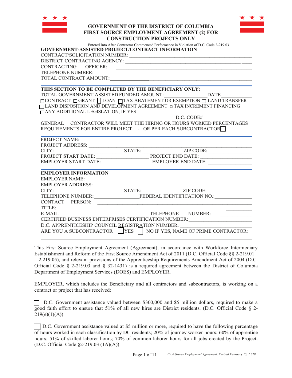 First Source Employment Agreement (2) for Construction Projects Only - Washington, D.C., Page 1
