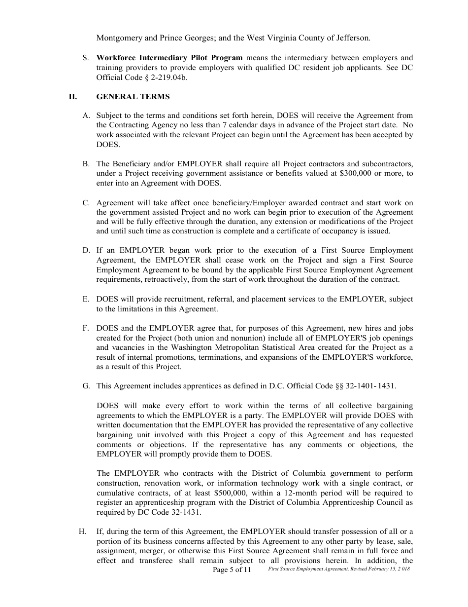 First Source Employment Agreement (2) for Construction Projects Only - Washington, D.C., Page 5