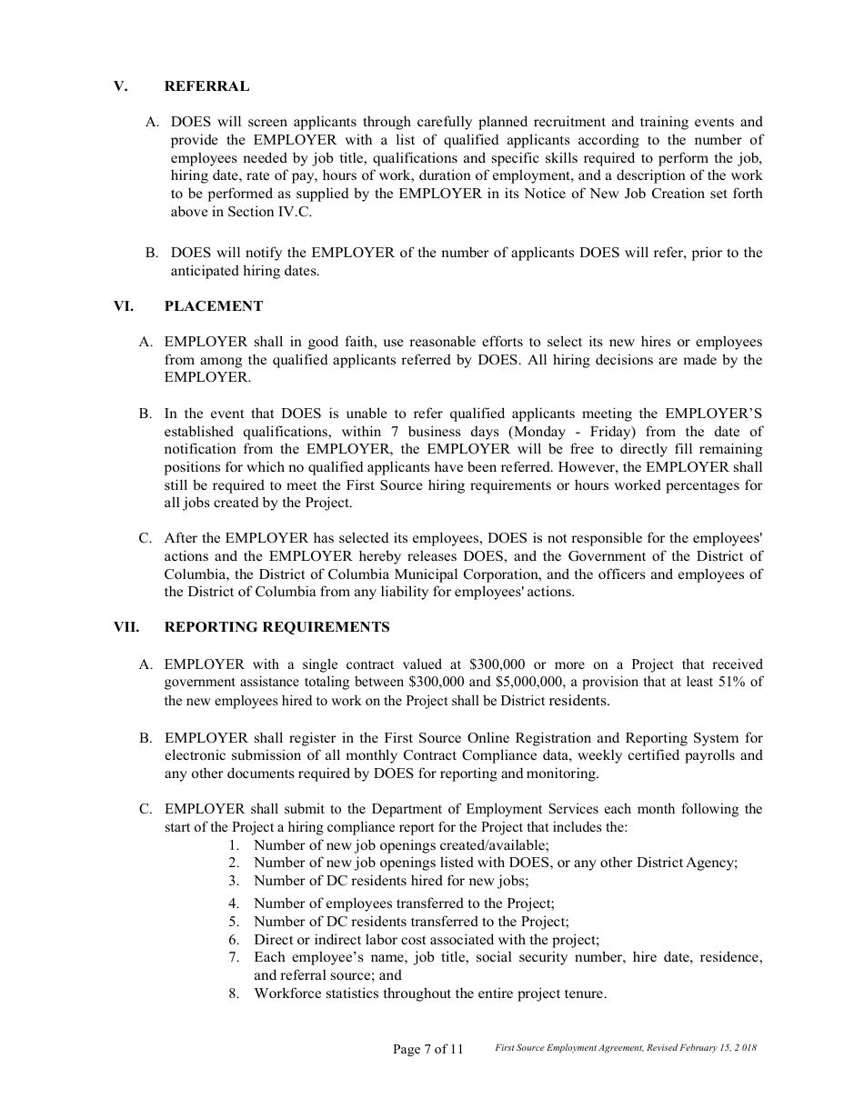 First Source Employment Agreement (2) for Construction Projects Only - Washington, D.C., Page 7