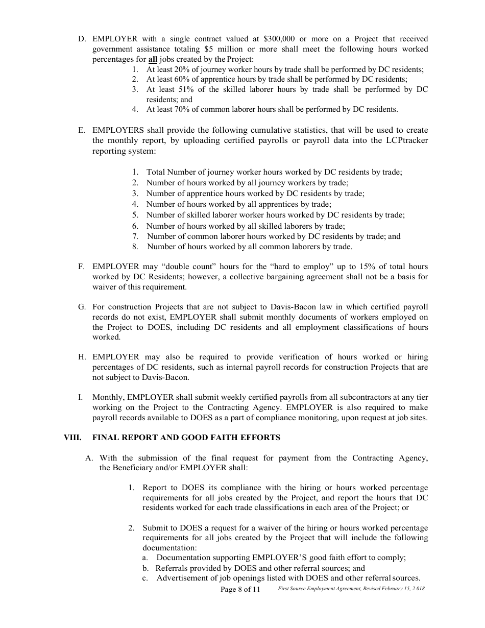 First Source Employment Agreement (2) for Construction Projects Only - Washington, D.C., Page 8