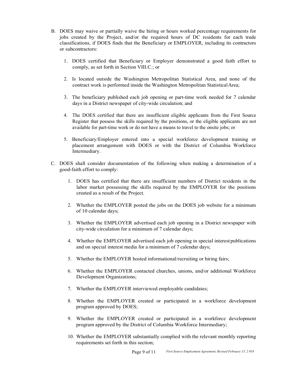 First Source Employment Agreement (2) for Construction Projects Only - Washington, D.C., Page 9