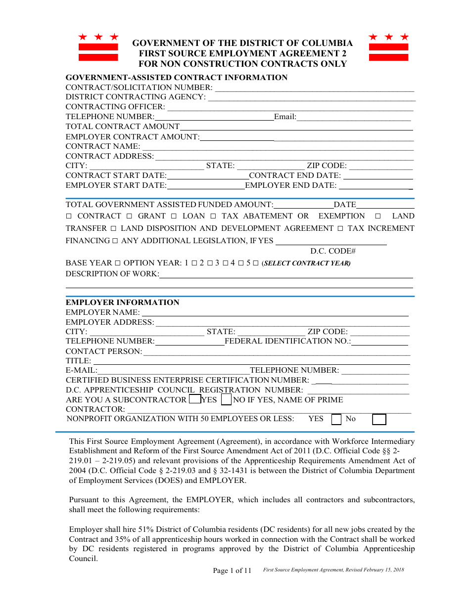 First Source Employment Agreement 2 for Non Construction Contracts Only - Washington, D.C., Page 1