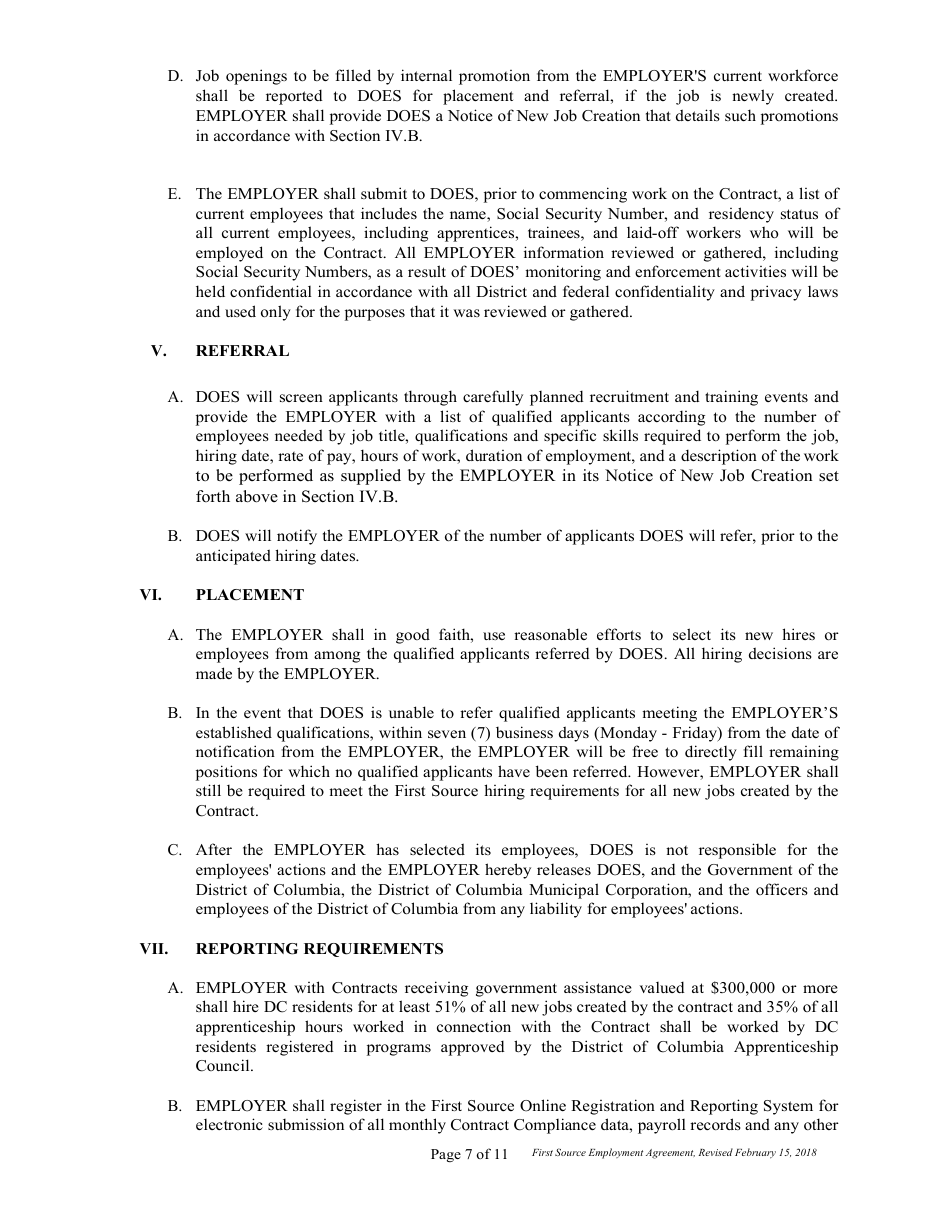 First Source Employment Agreement 2 for Non Construction Contracts Only - Washington, D.C., Page 7