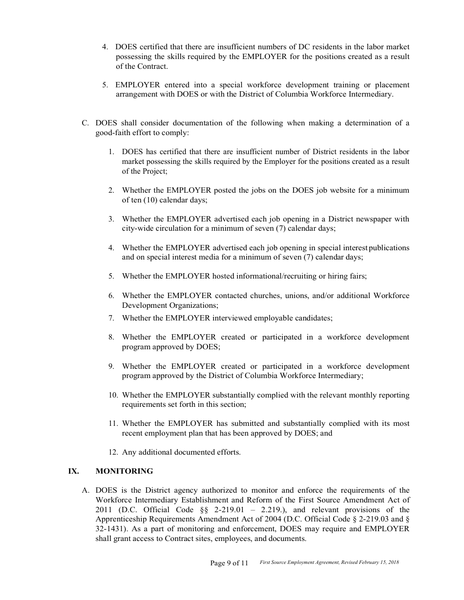 First Source Employment Agreement 2 for Non Construction Contracts Only - Washington, D.C., Page 9