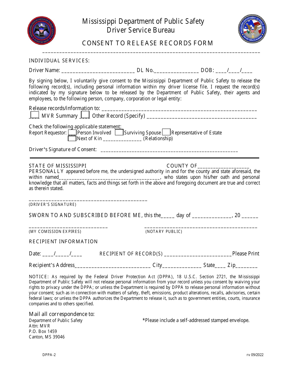 Form DPPA-2 Consent to Release Records Form - Mississippi, Page 1