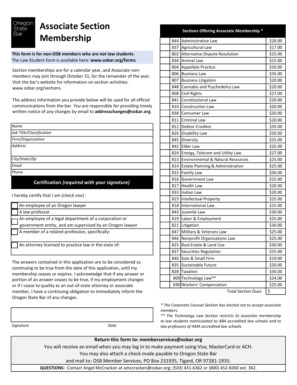Associate Section Membership Enrollment Form - Oregon, Page 1