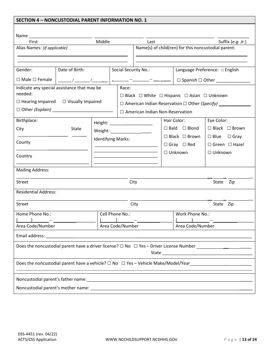 Form DSS-4451 Application for Child Support Services - North Carolina, Page 13