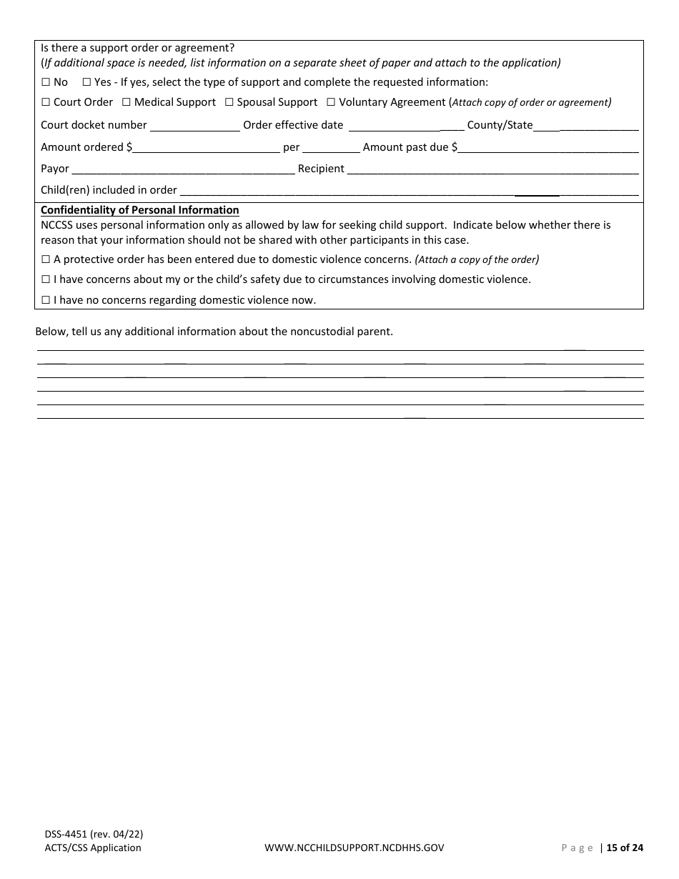 Form DSS-4451 Application for Child Support Services - North Carolina, Page 15