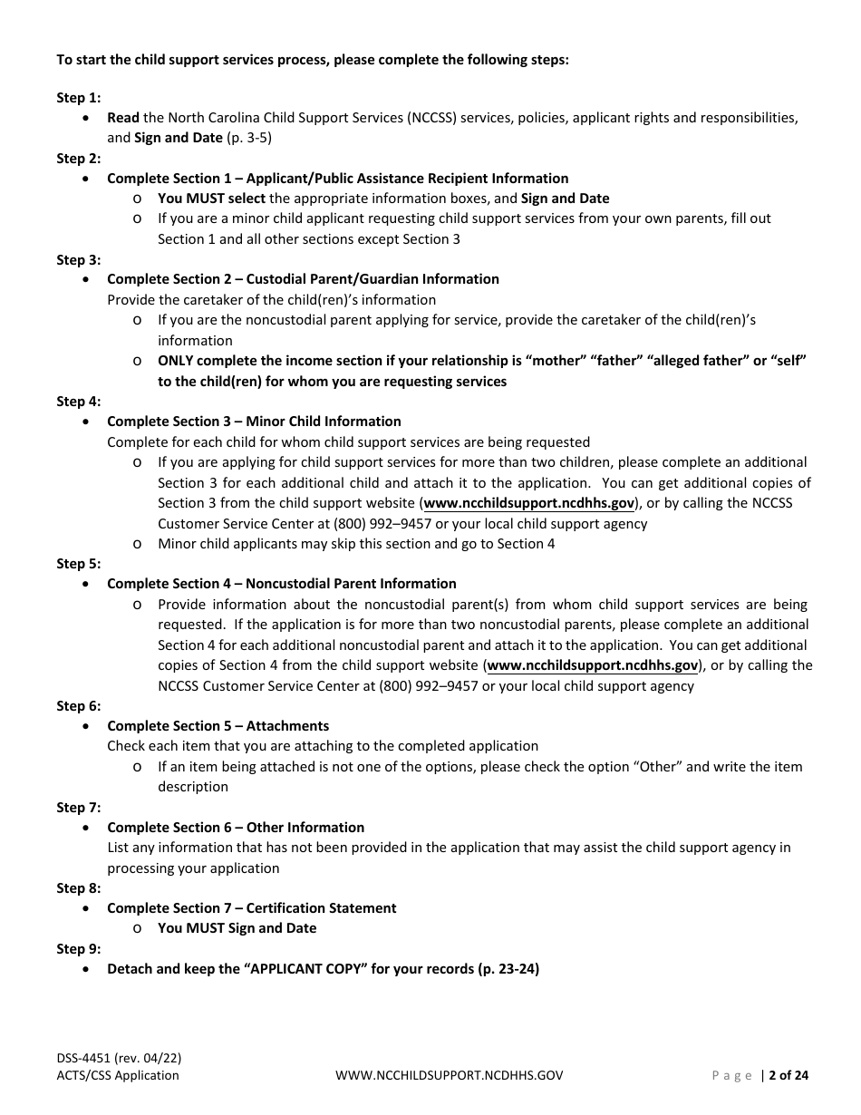 Form DSS-4451 Application for Child Support Services - North Carolina, Page 2