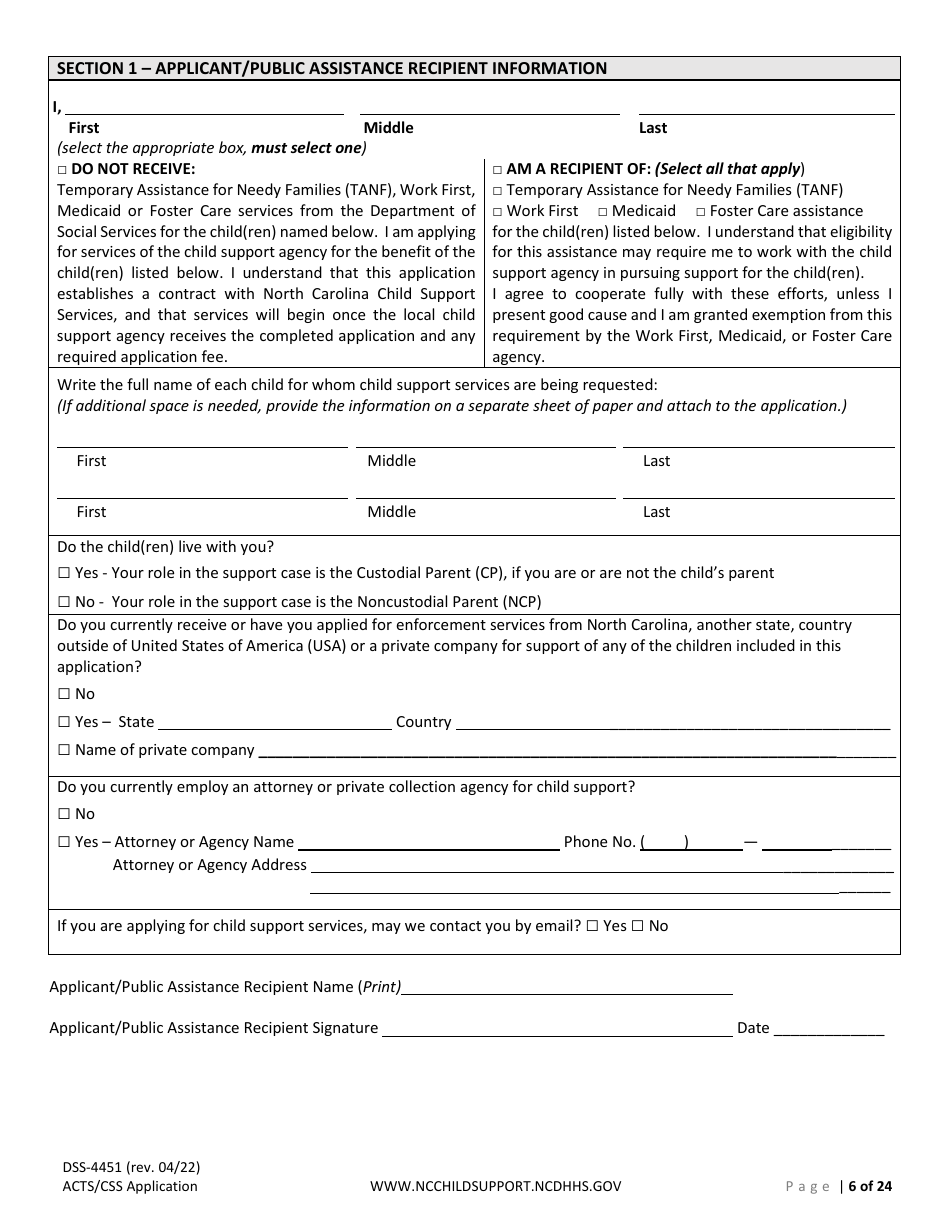 Form DSS-4451 Application for Child Support Services - North Carolina, Page 6