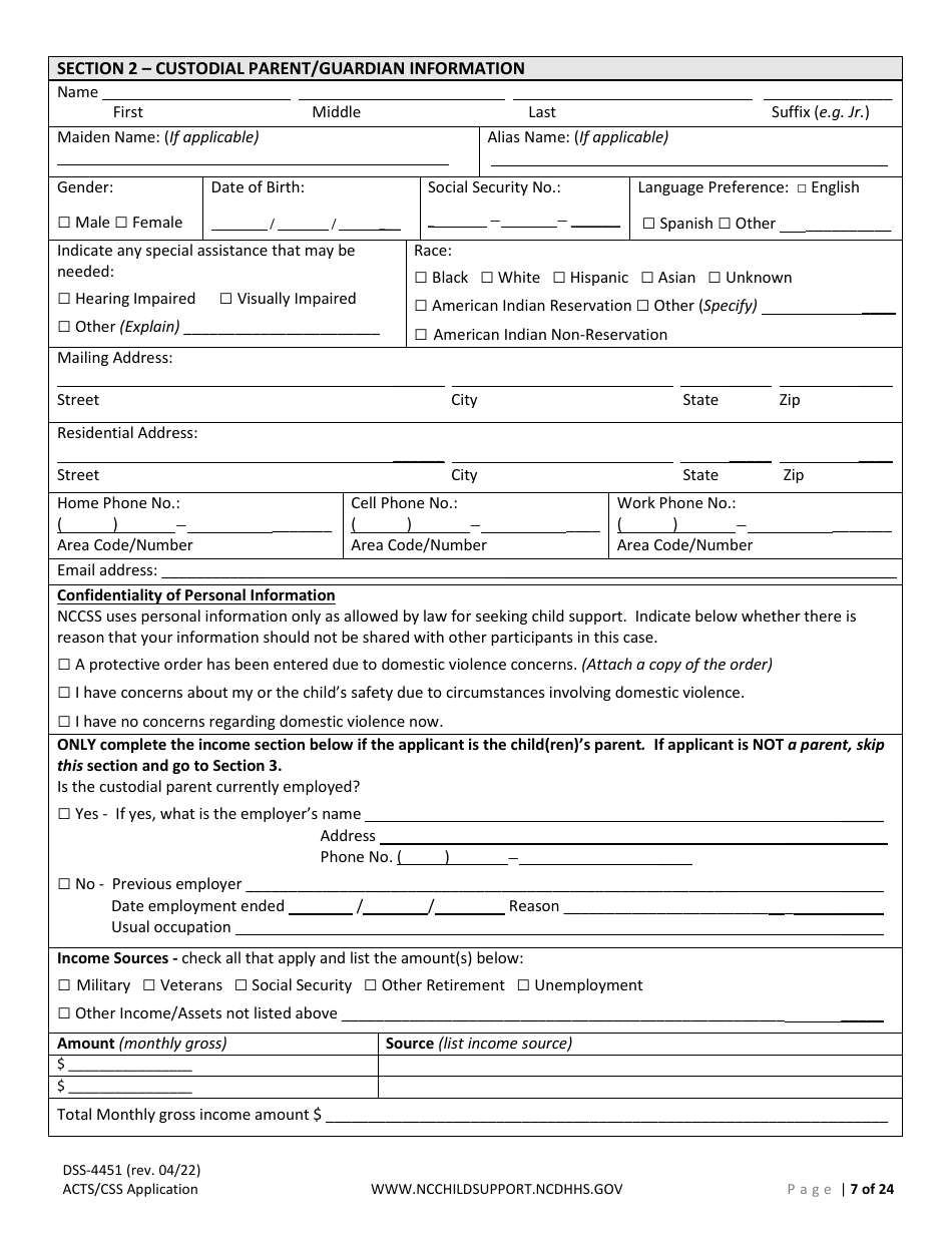 Form DSS-4451 Application for Child Support Services - North Carolina, Page 7