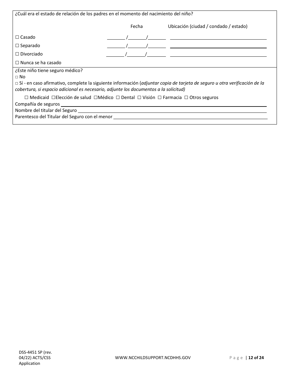 Formulario DSS-4451 Solicitud De Servicios De Child Support (Manutencion Infantil) - North Carolina (Spanish), Page 12