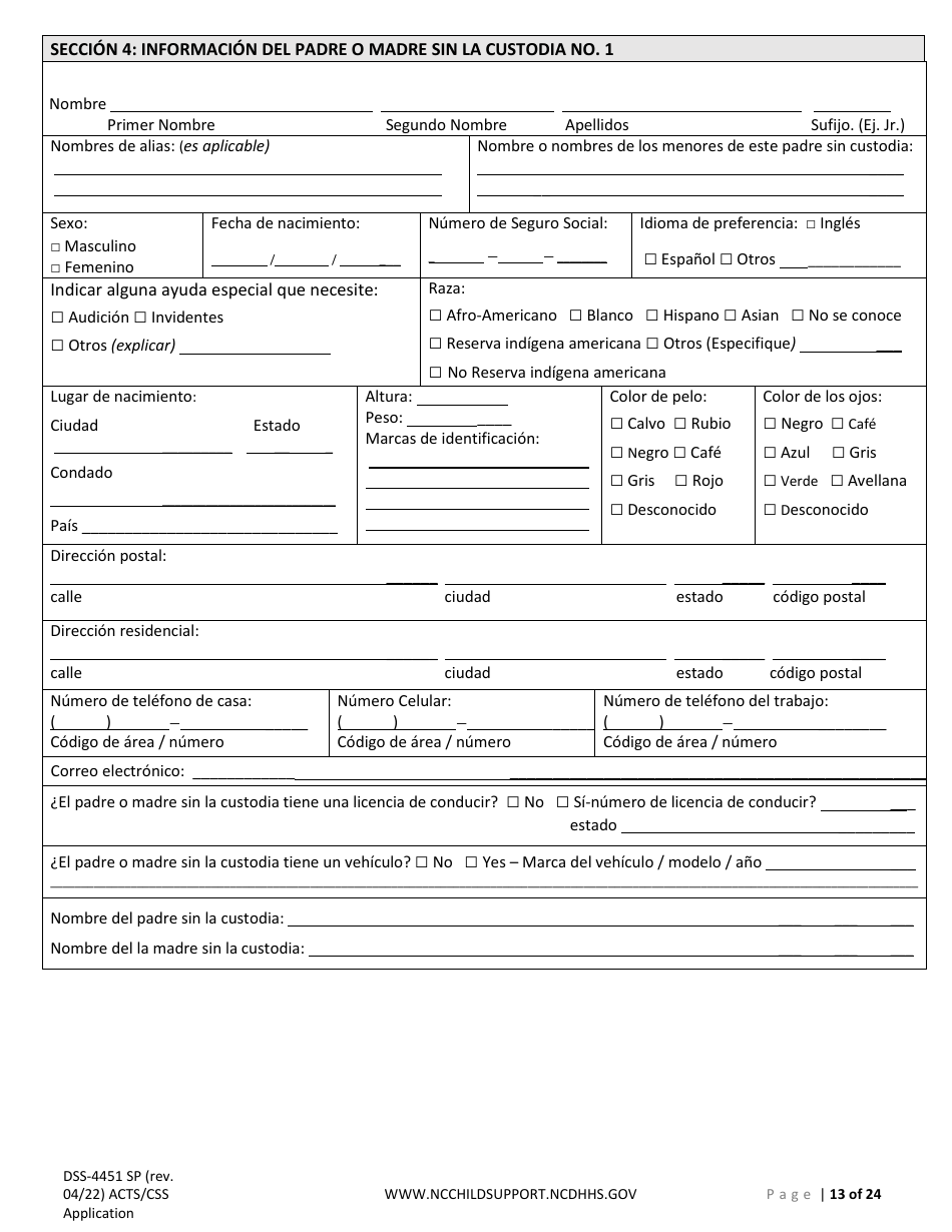 Formulario DSS-4451 Solicitud De Servicios De Child Support (Manutencion Infantil) - North Carolina (Spanish), Page 13