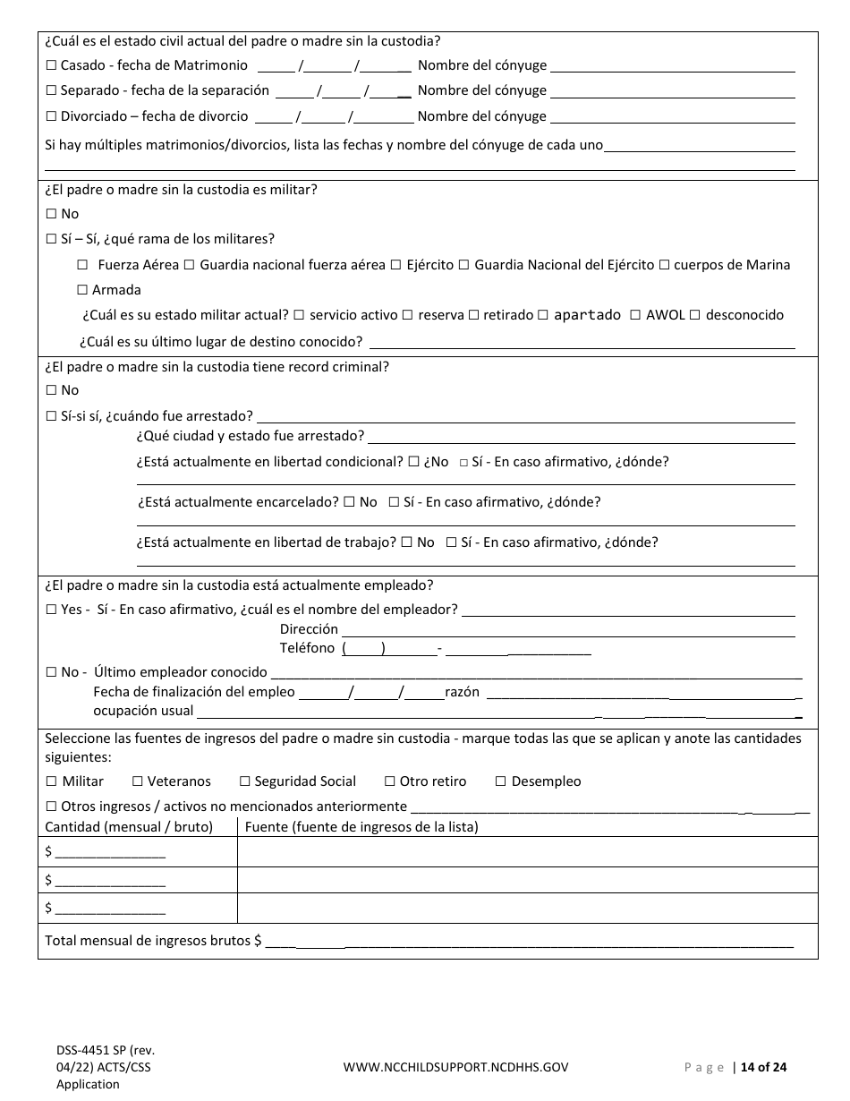 Formulario DSS-4451 Solicitud De Servicios De Child Support (Manutencion Infantil) - North Carolina (Spanish), Page 14