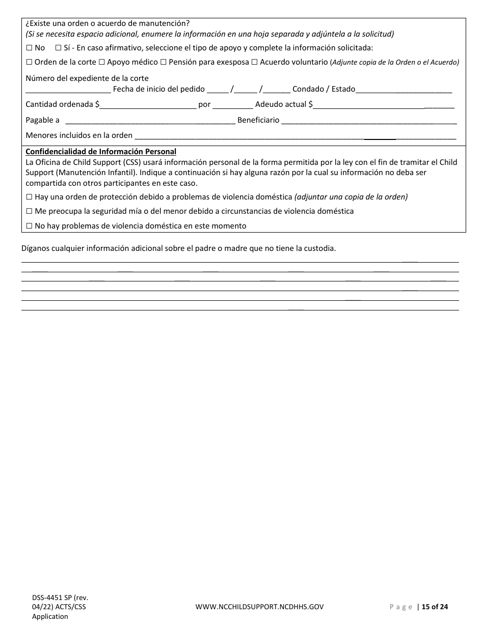 Formulario DSS-4451 Solicitud De Servicios De Child Support (Manutencion Infantil) - North Carolina (Spanish), Page 15