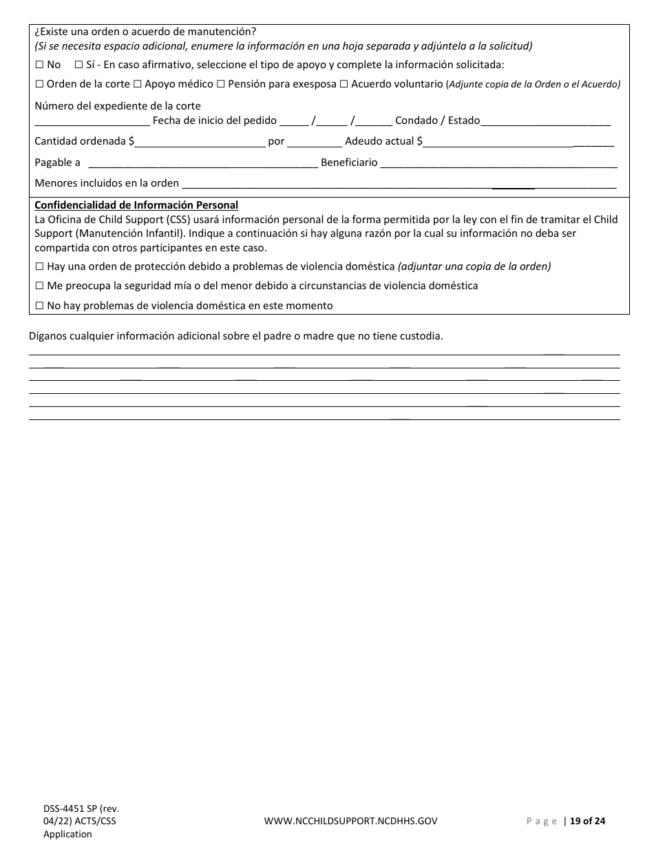 Formulario DSS-4451 Solicitud De Servicios De Child Support (Manutencion Infantil) - North Carolina (Spanish), Page 19