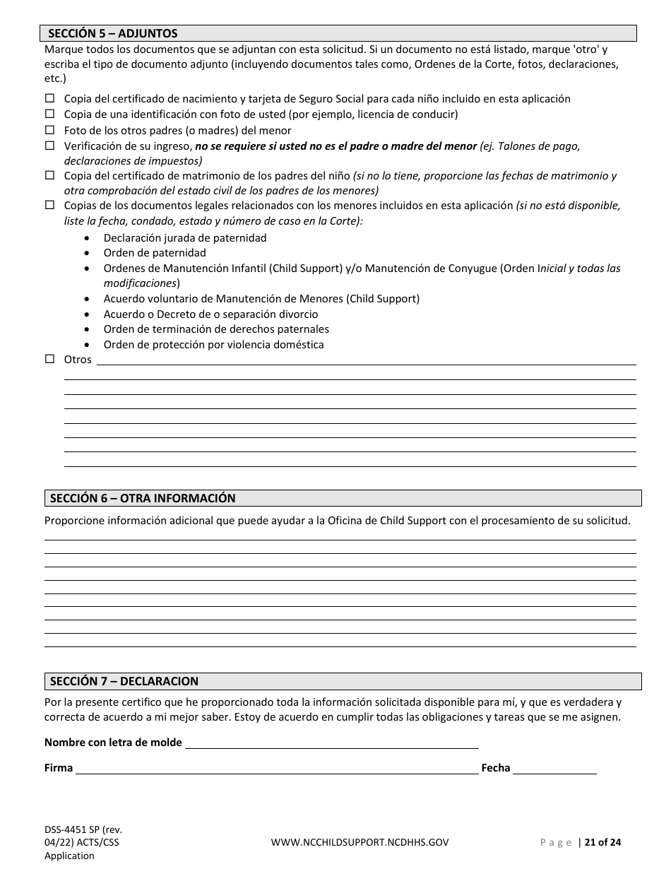 Formulario DSS-4451 Solicitud De Servicios De Child Support (Manutencion Infantil) - North Carolina (Spanish), Page 21