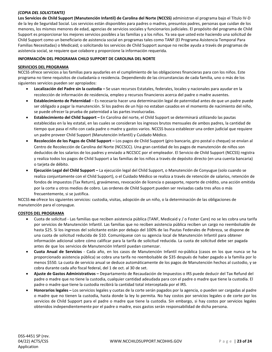 Formulario DSS-4451 Solicitud De Servicios De Child Support (Manutencion Infantil) - North Carolina (Spanish), Page 23