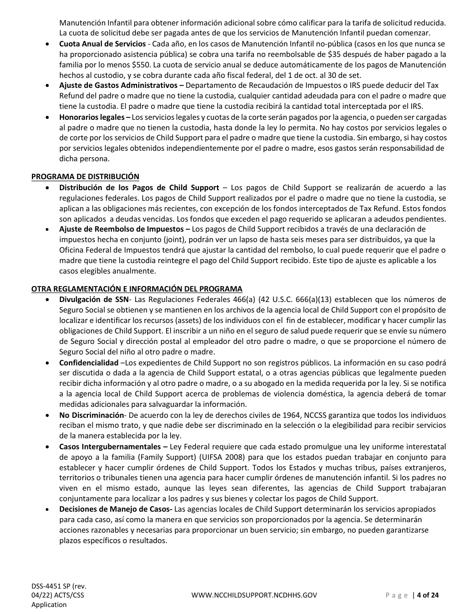 Formulario DSS-4451 Solicitud De Servicios De Child Support (Manutencion Infantil) - North Carolina (Spanish), Page 4
