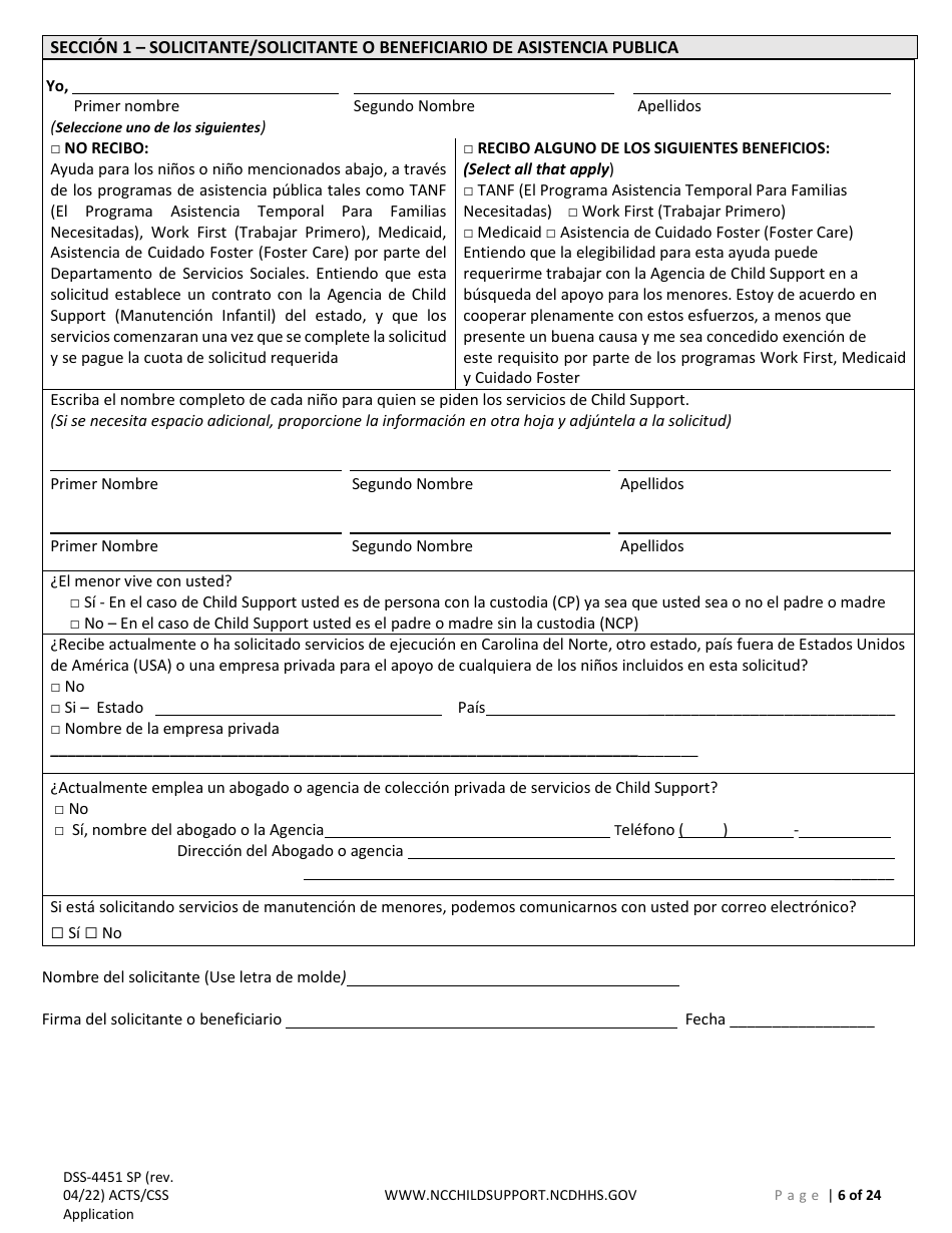 Formulario DSS-4451 Solicitud De Servicios De Child Support (Manutencion Infantil) - North Carolina (Spanish), Page 6