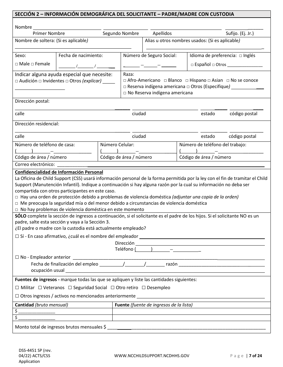 Formulario DSS-4451 Solicitud De Servicios De Child Support (Manutencion Infantil) - North Carolina (Spanish), Page 7