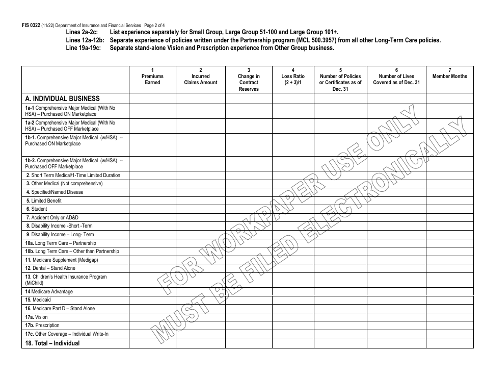 Form FIS0322 Michigan Health Insurance Enrollment, Premiums  Losses - Michigan, Page 2