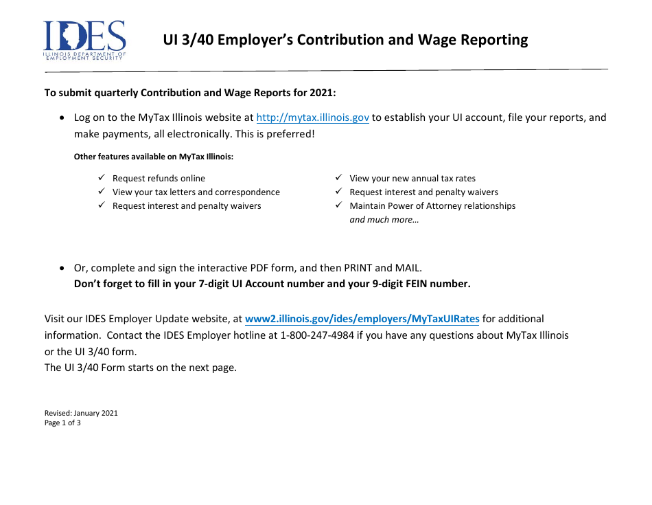Form UI3 / 40 Employers Contribution and Wage Report - Illinois, Page 1