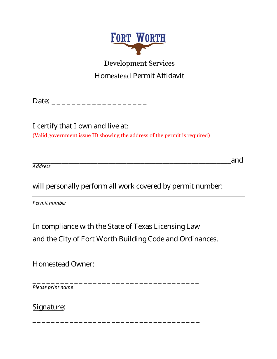 City of Fort Worth, Texas Homestead Permit Affidavit Fill Out, Sign