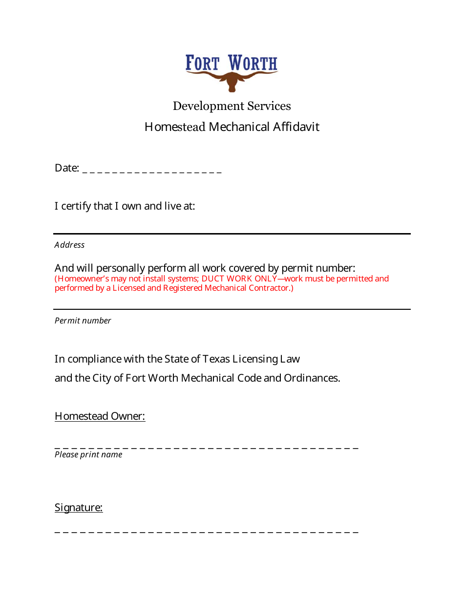 Homestead Permit Affidavit - City of Fort Worth, Texas, Page 2