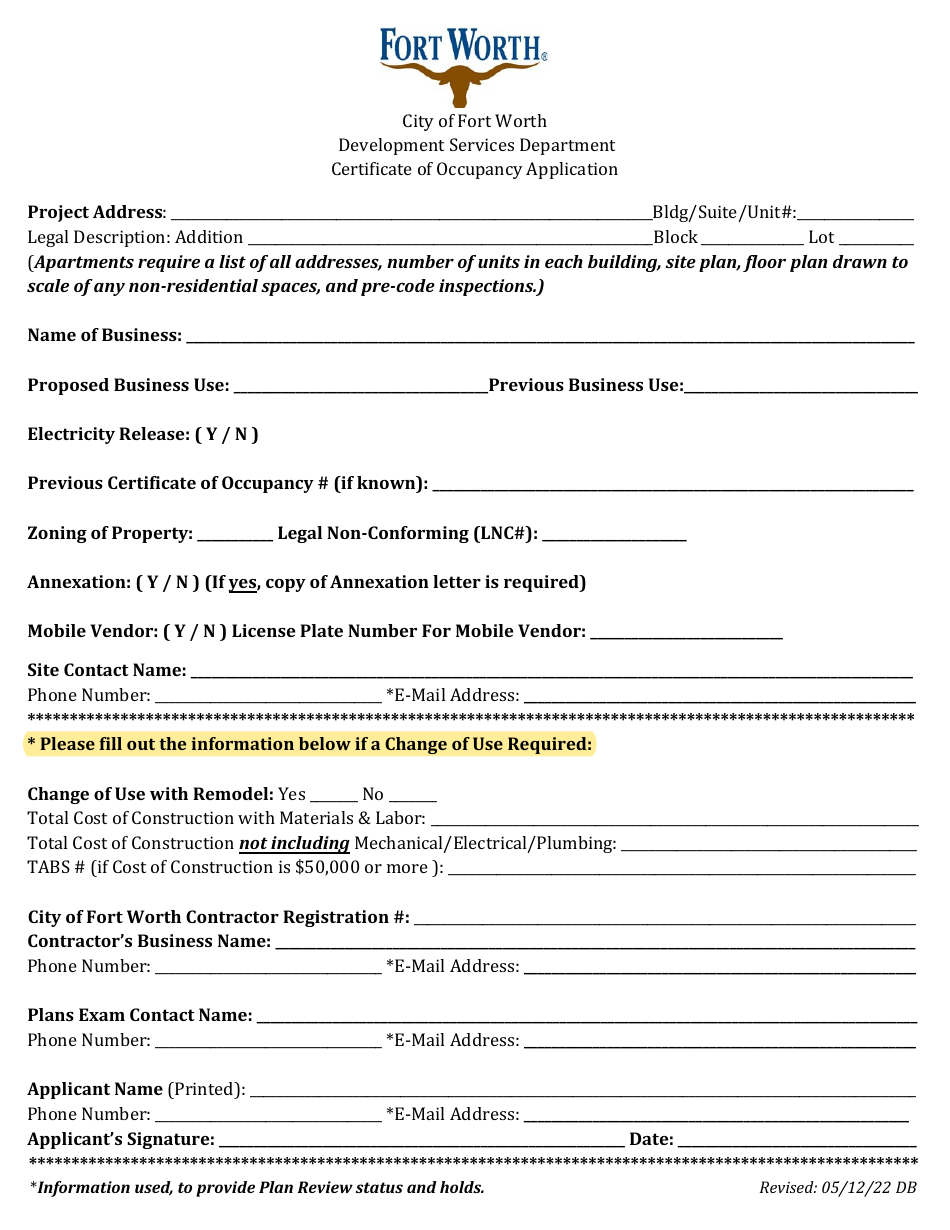 Certificate of Occupancy Application - City of Fort Worth, Texas, Page 1