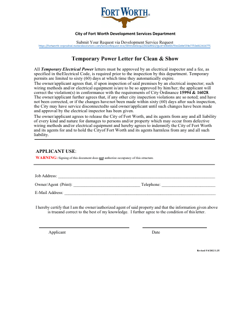 Temporary Power Letter for Clean & Show - City of Fort Worth, Texas Download Pdf