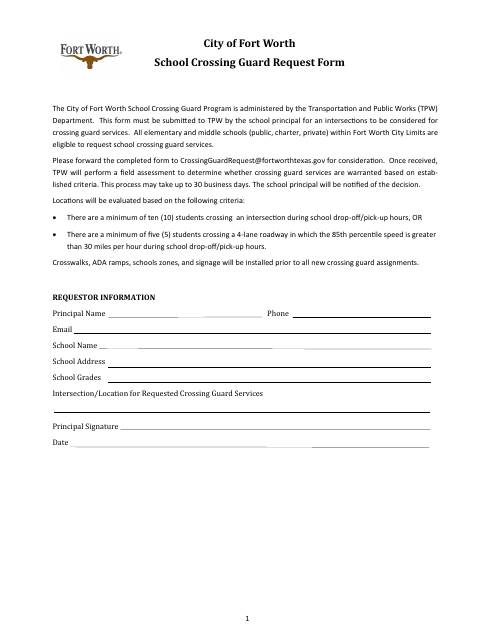 School Crossing Guard Request Form - City of Fort Worth, Texas Download Pdf