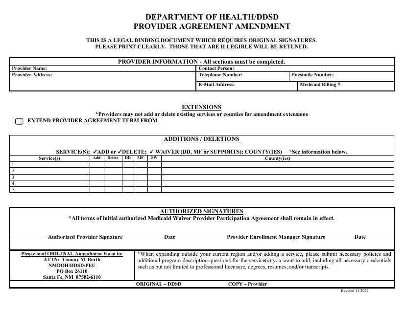 Provider Agreement Amendment Form - New Mexico