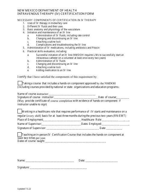 Intravenous Therapy (IV) Certification Form - New Mexico