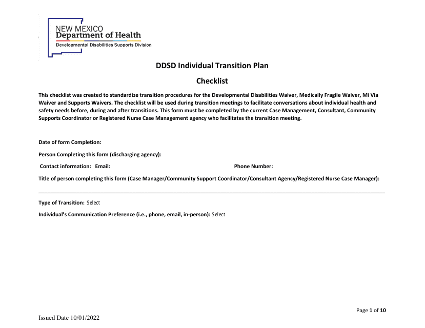 Ddsd Individual Transition Plan Checklist - New Mexico