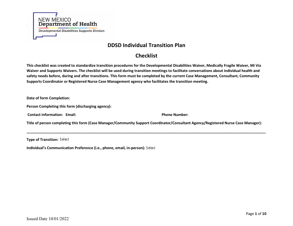 New Mexico Ddsd Individual Transition Plan Checklist Fill Out Sign