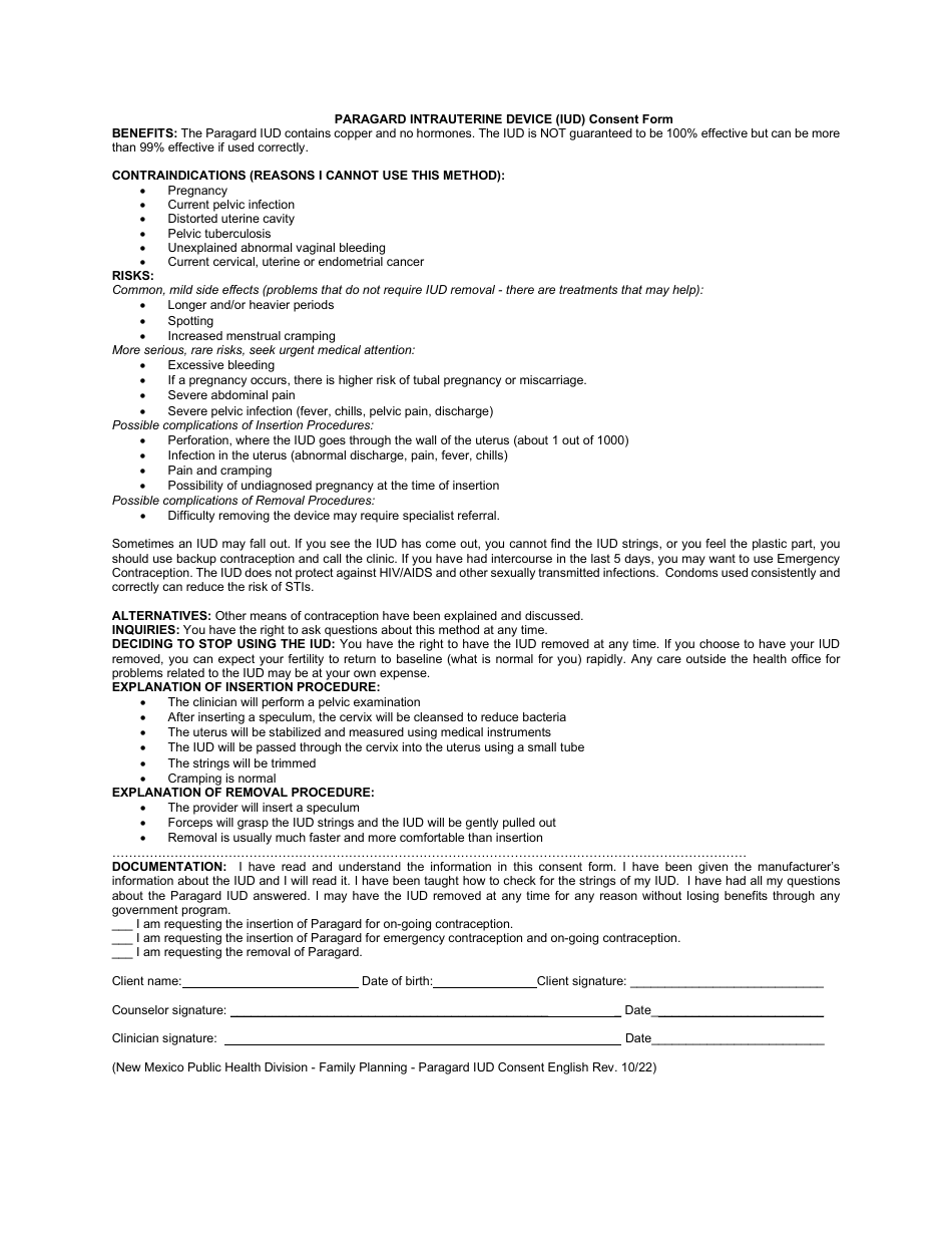 Paragard Intrauterine Device (Iud) Consent Form - New Mexico (English / Spanish), Page 1