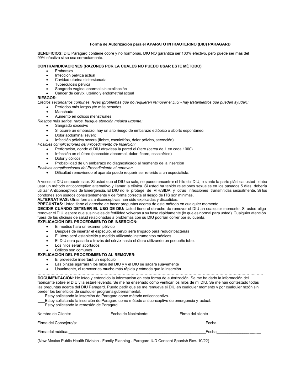 New Mexico Paragard Intrauterine Device (Iud) Consent Form Download ...