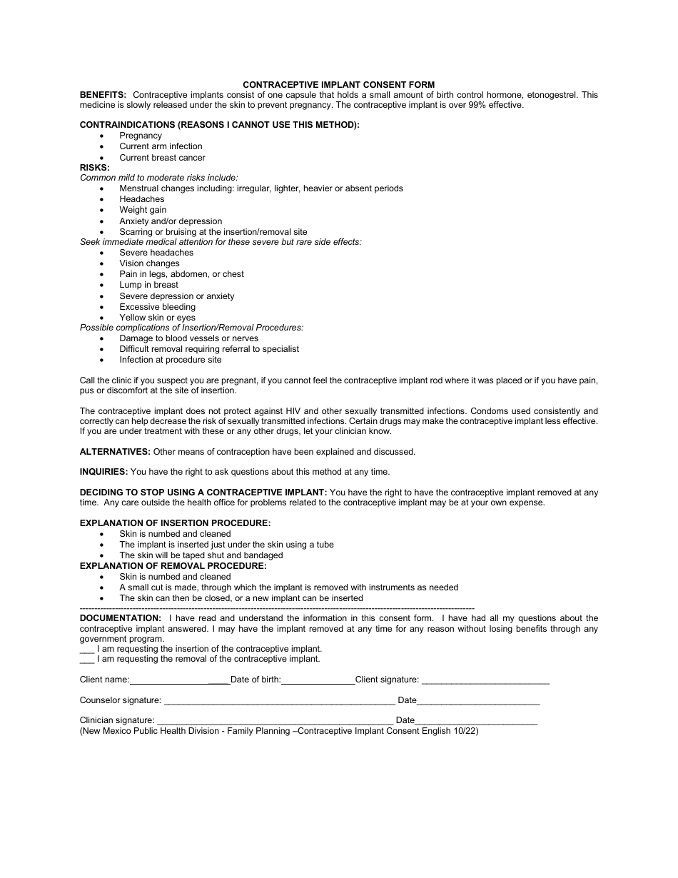 Contraceptive Implant Consent Form - New Mexico (English / Spanish), Page 1