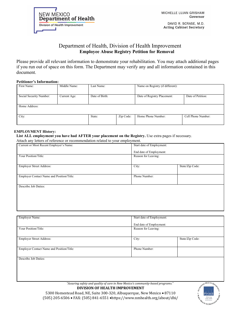 New Mexico Employee Abuse Registry Petition for Removal Fill Out