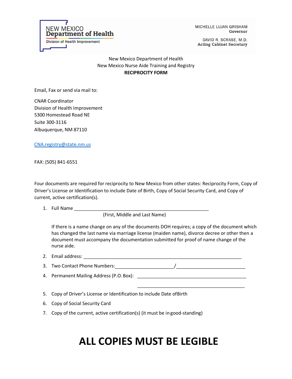 New Mexico Nurse Aide Training and Registry Reciprocity Form - New Jersey, Page 1