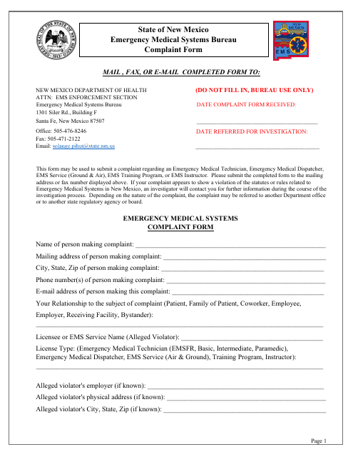 Emergency Medical Systems Bureau Complaint Form - New Mexico Download Pdf