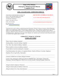 Emergency Medical Systems Bureau Complaint Form - New Mexico