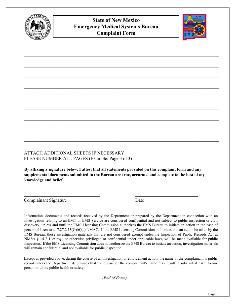 Emergency Medical Systems Bureau Complaint Form - New Mexico, Page 3
