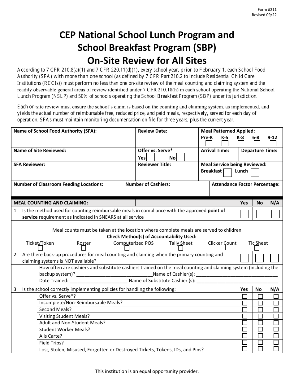 Form 211 On-Site Review Monitoring Form - Cep National School Lunch Program and School Breakfast Program (SBP) - New Jersey, Page 1