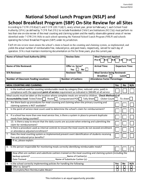 Form 142 On-Site Review Monitoring Form - National School Lunch Program (Nslp) and School Breakfast Program (SBP) - New Jersey