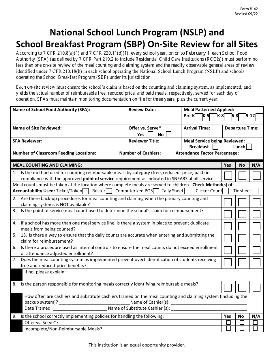 Form 142 On-Site Review Monitoring Form - National School Lunch Program (Nslp) and School Breakfast Program (SBP) - New Jersey, Page 1