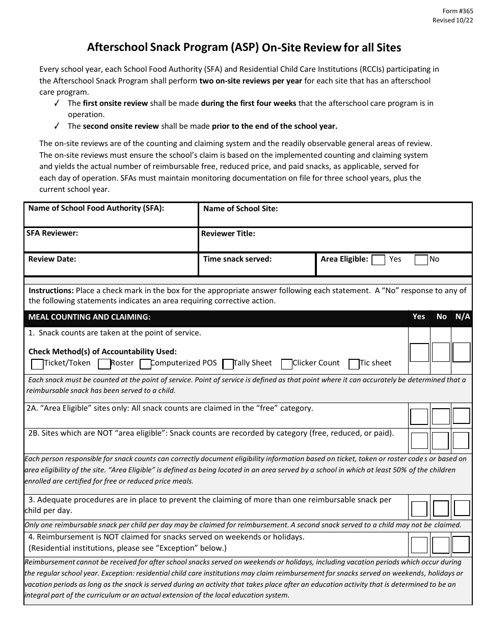 Form 365 On-Site Review for All Sites - Afterschool Snack Program (Asp) - New Jersey, Page 1