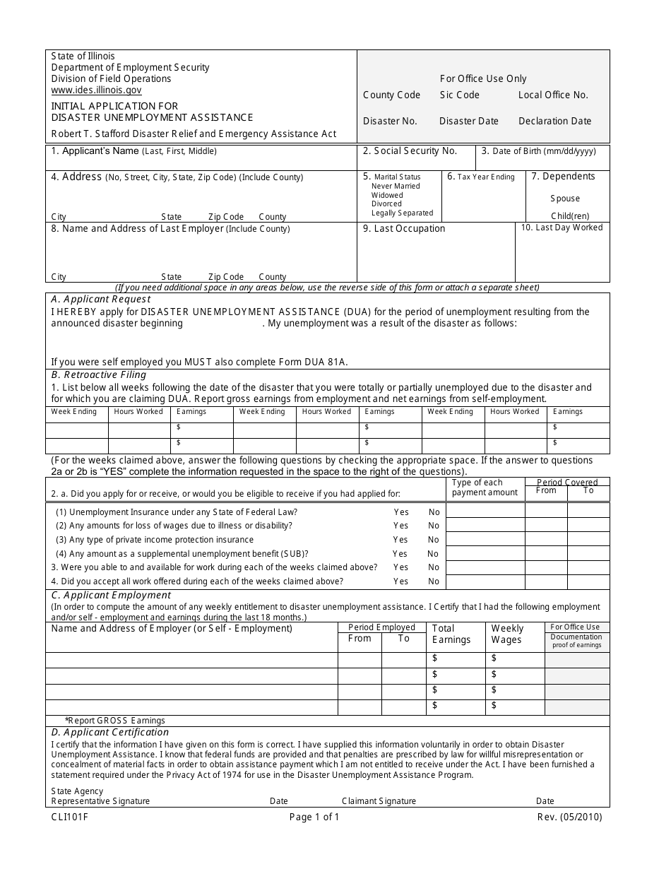 Form CLI101F Initial Application for Disaster Unemployment Assistance - Illinois, Page 1